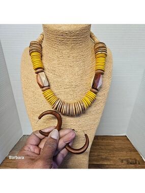 Bohemian Wooden Disk Necklace and Pierced 3/4 Hoop Earring Set